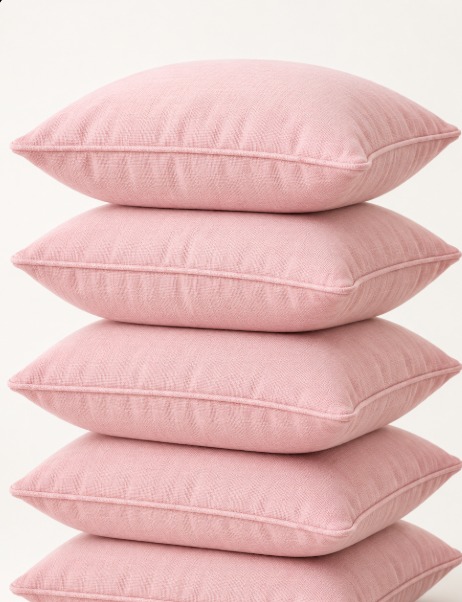 A stack of soft pink scatter cushions with pink piping