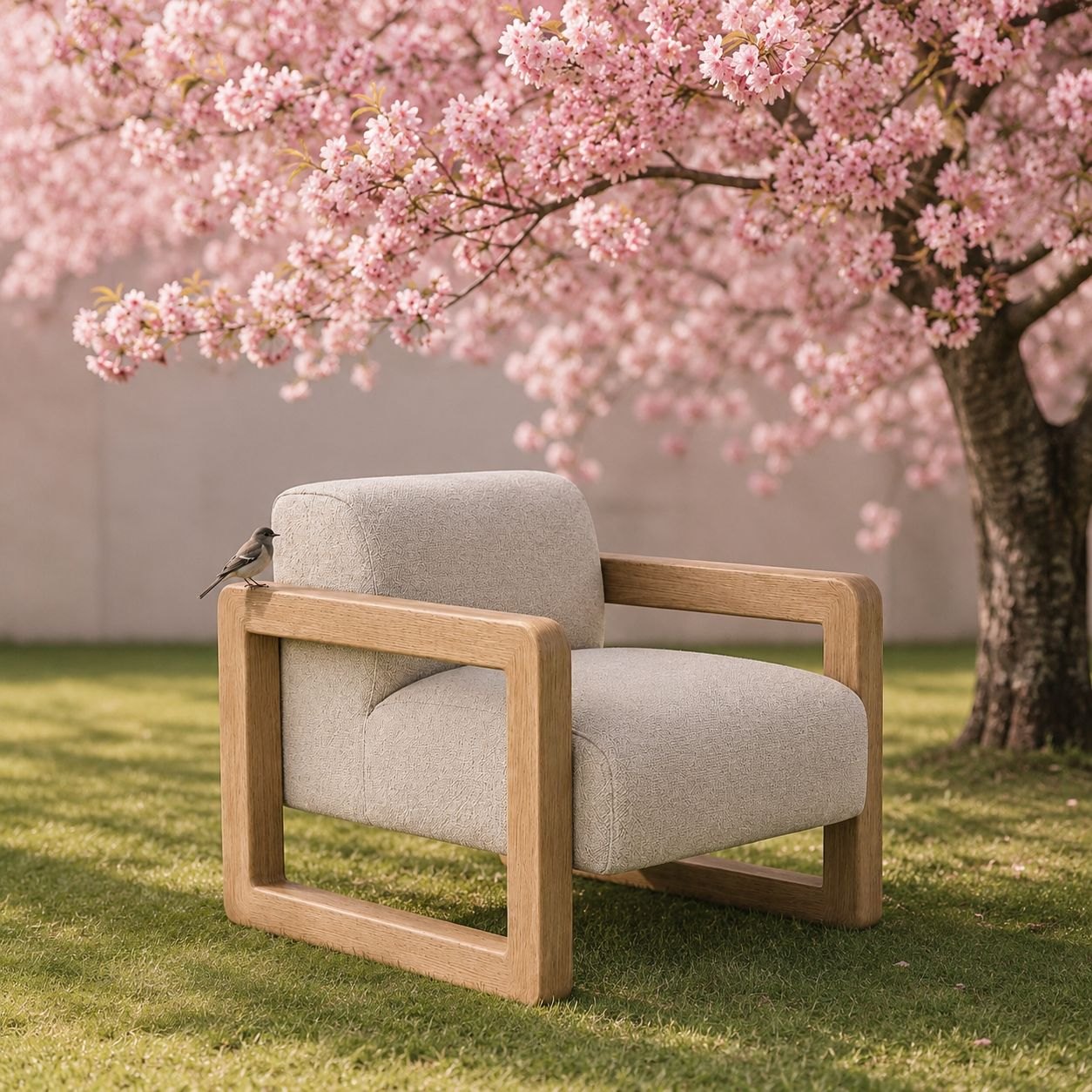 Occasional chair beneath spring blossoms