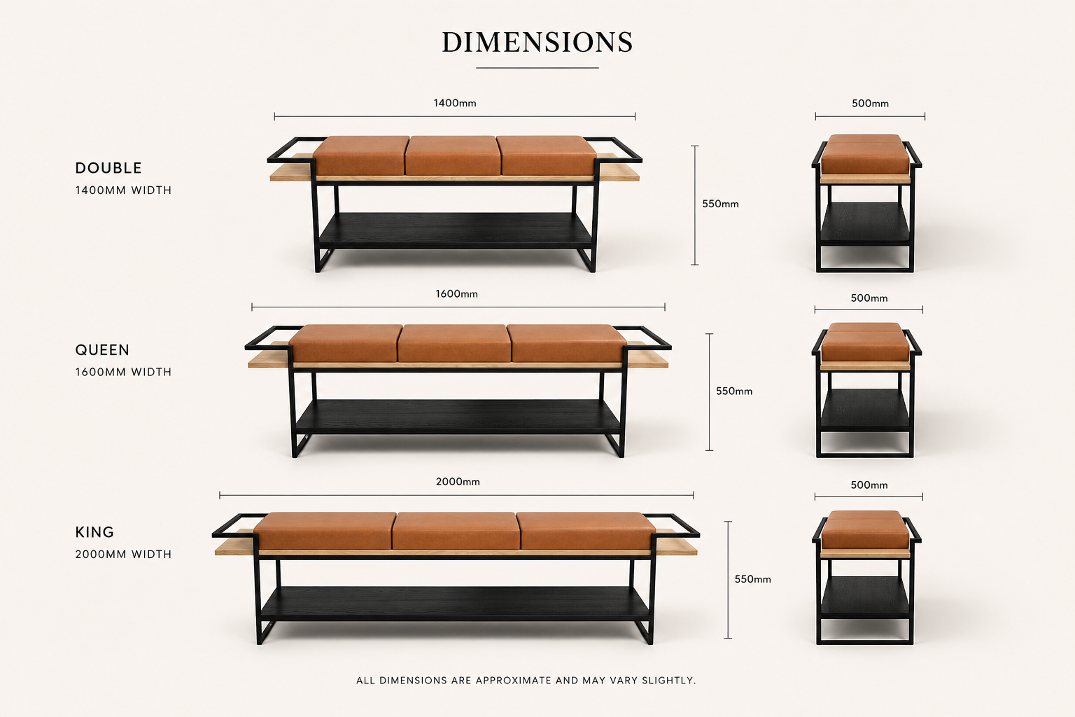the AMARI bed end bench dimensions diagram