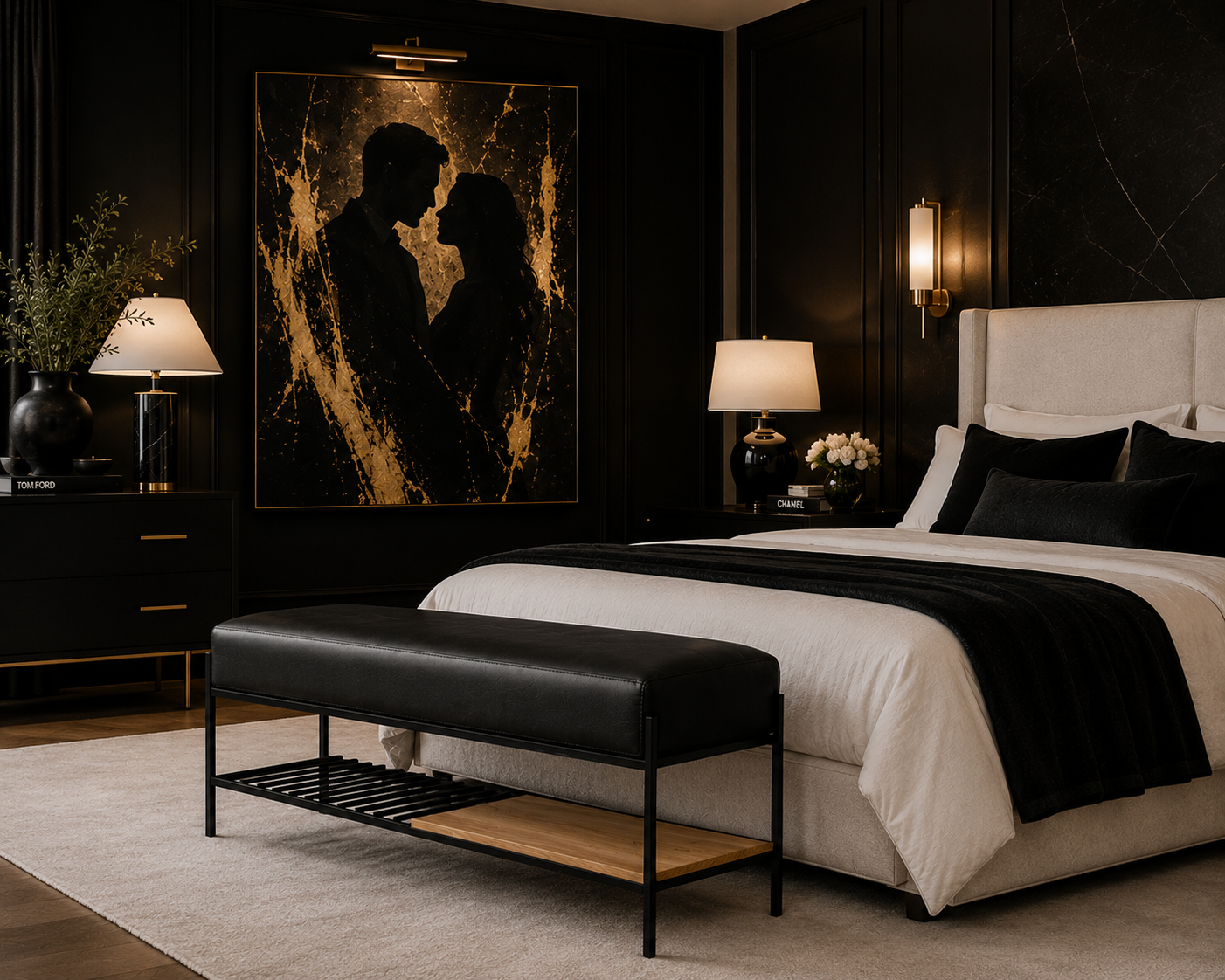 the KELLY bed end bench in a styled room setting