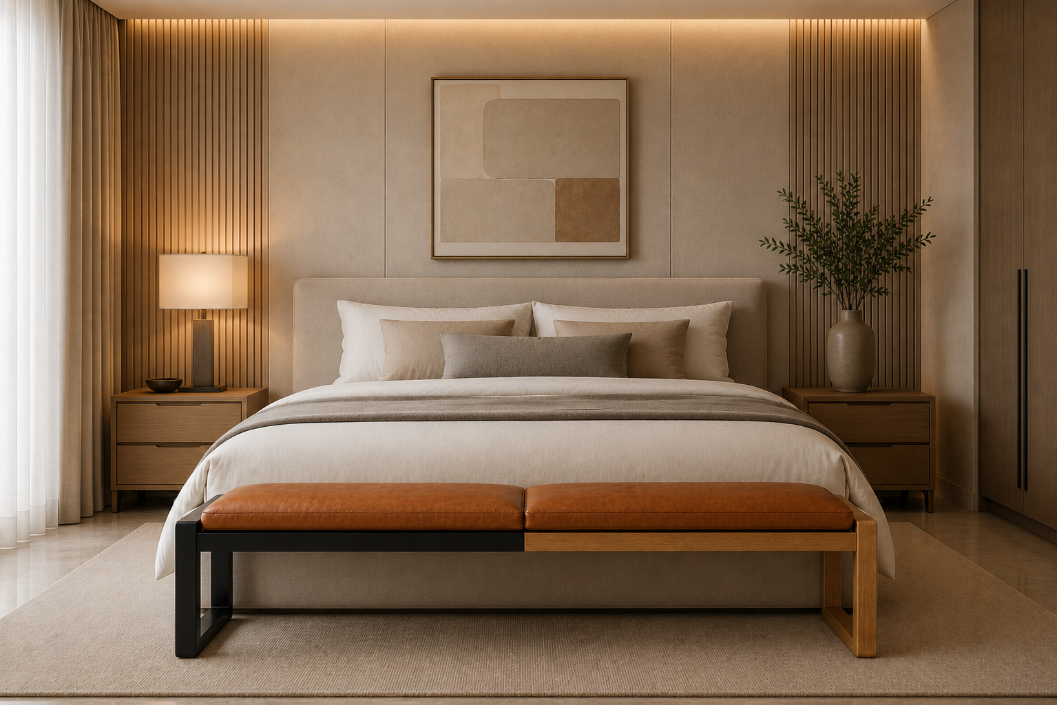 the MJ bed end bench in a styled room setting