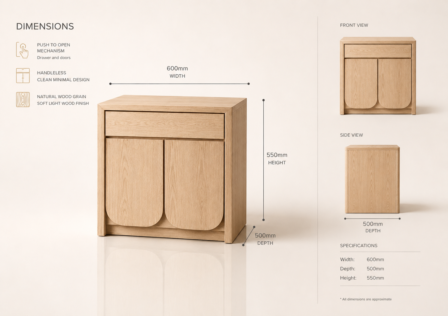 the MARIËTTE mariette bedside vanity 2 dimensions diagram