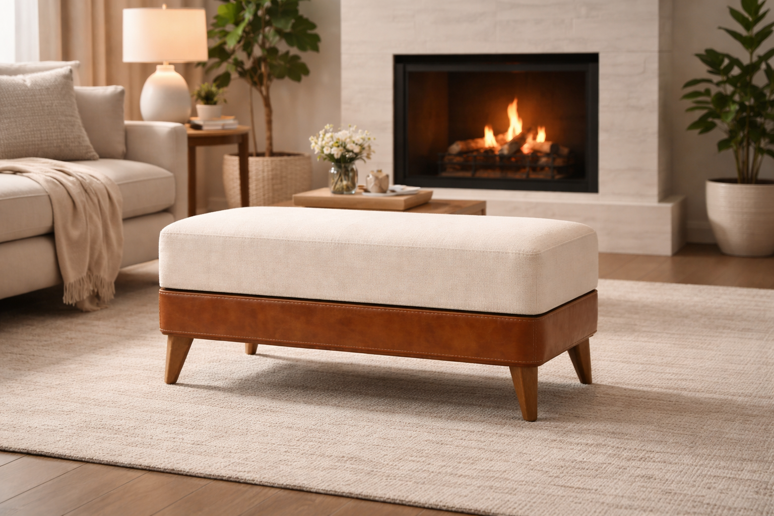 the ANNA ottoman in a styled room setting
