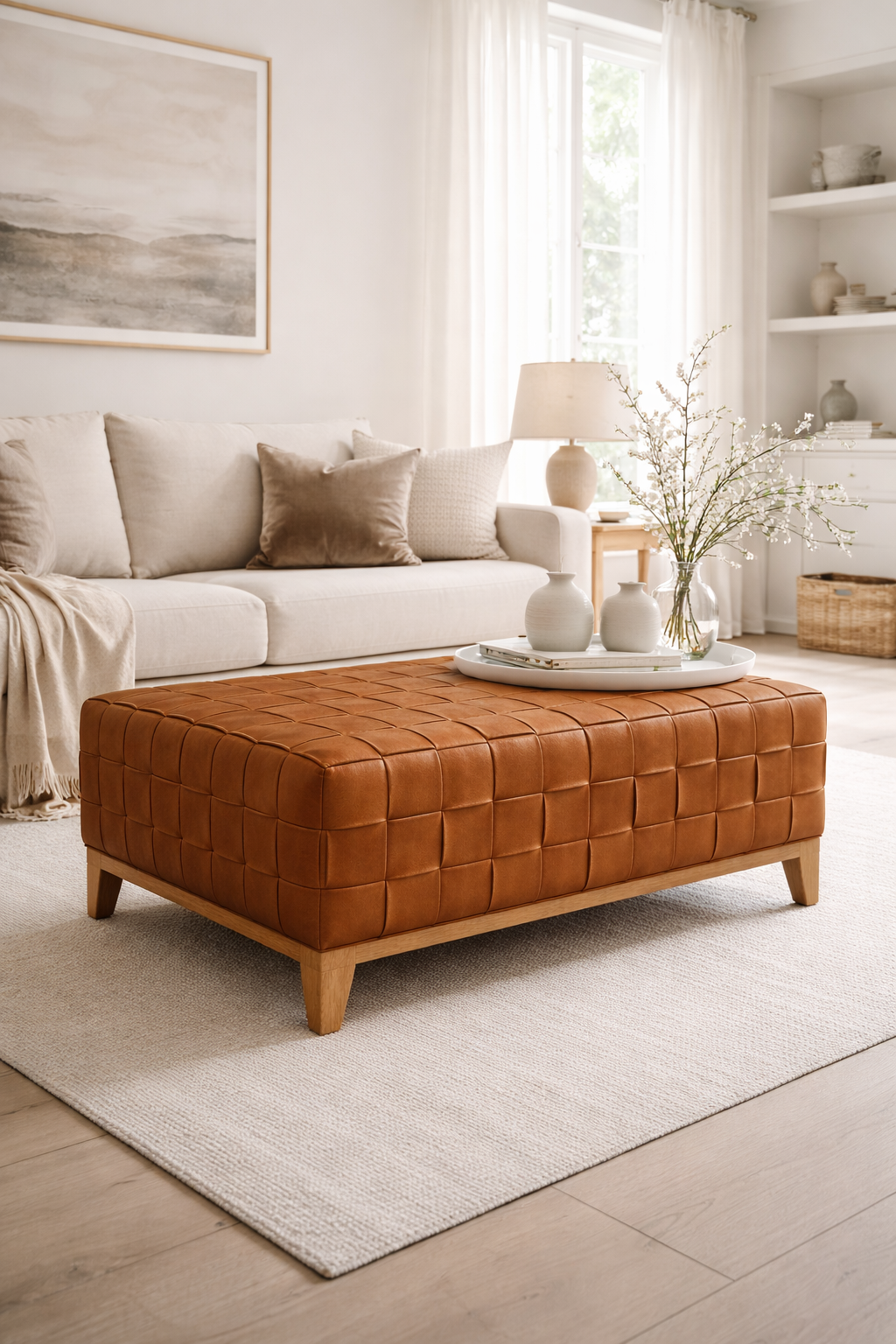 the JONATHAN ottoman in a styled room setting