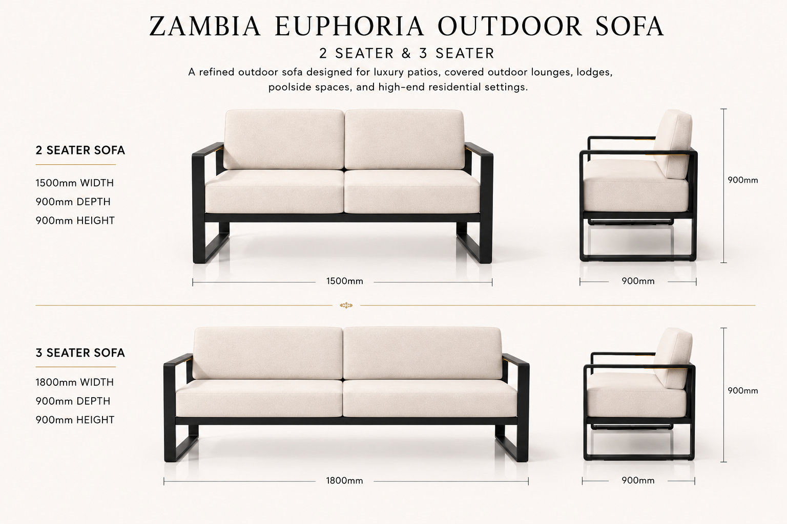 the ZAMBIA EUPHORIA designer patio sofa outdoor piece dimensions diagram