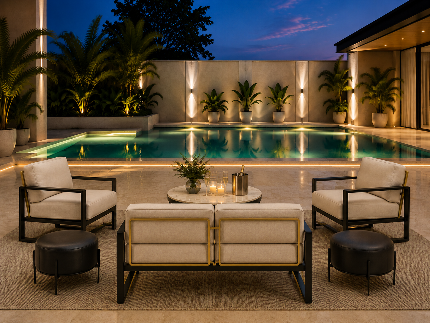 the ZAMBIA EUPHORIA designer patio sofa outdoor piece in a styled room setting