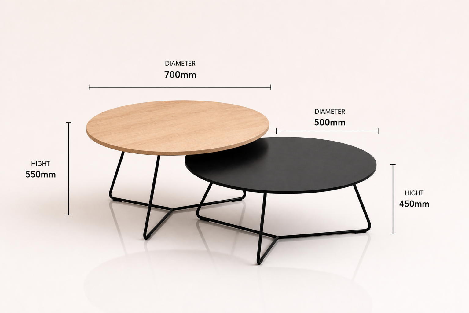 the BAREND nested coffee table dimensions diagram