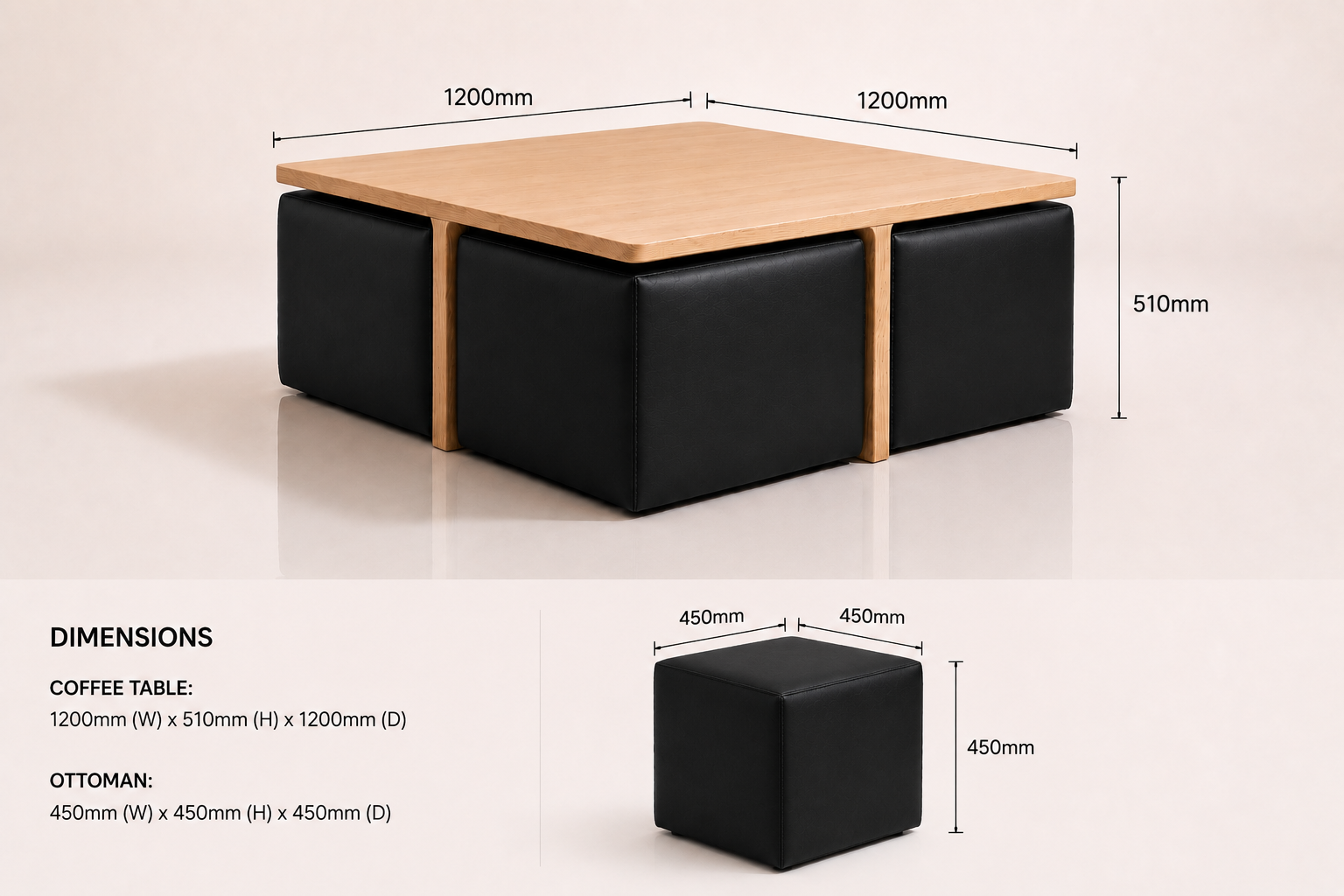 the PAULA coffee table dimensions diagram