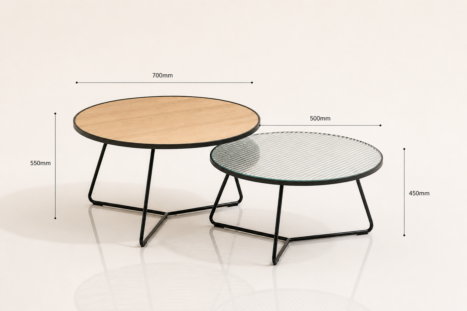 the RUMÉ nested coffee table dimensions diagram